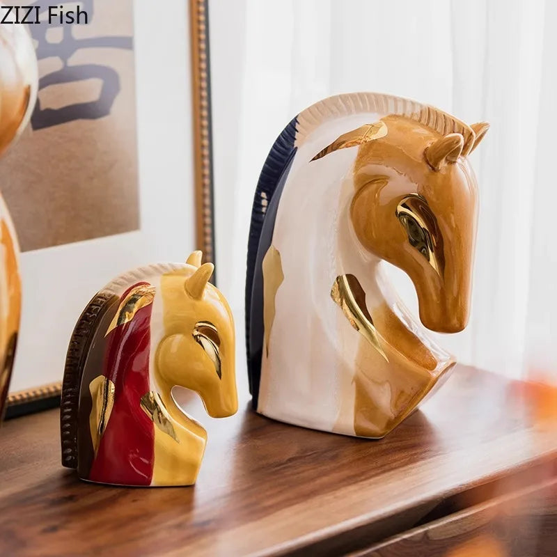 Afralia™ Ceramic Horse Sculpture Gold Plated Desk Ornament Aesthetics Decor