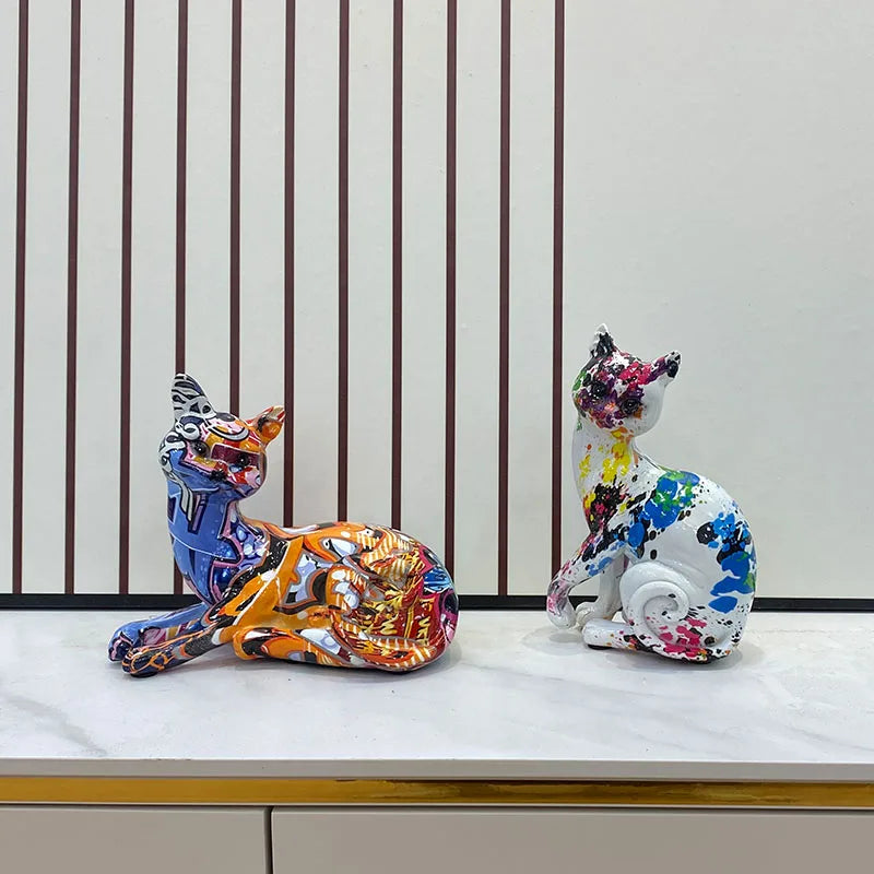 Afralia™ Resin Graffiti Cat Ornaments: Creative Animal Figurines for Home Decor