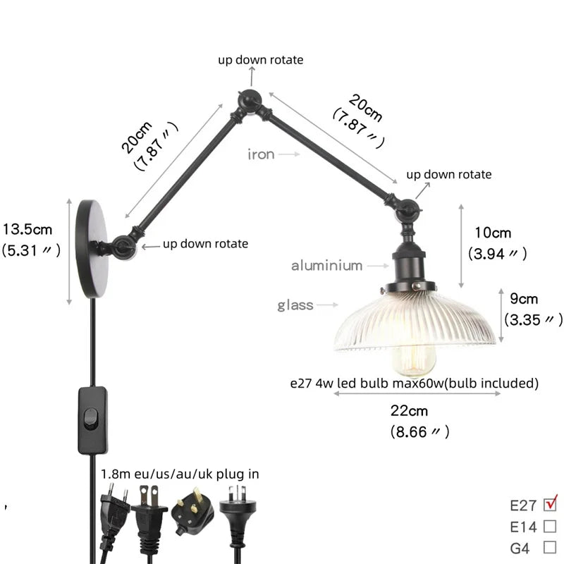 Afralia™ Industrial Loft Swing Arm Wall Sconce Clear Glass Pull Chain Switch Bedside Lamp