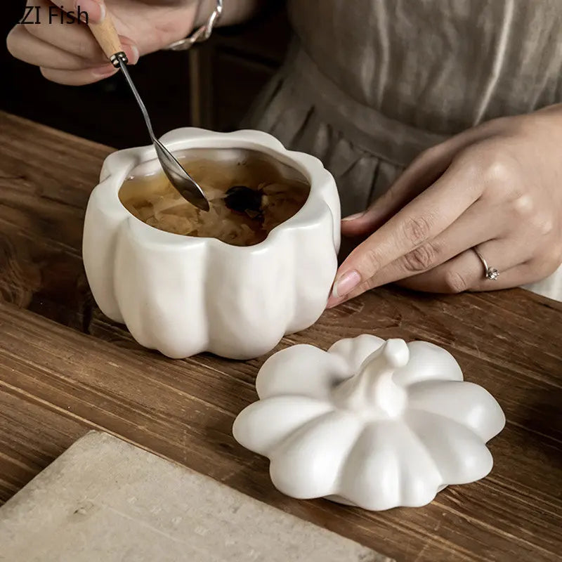 Afralia™ Pumpkin Porcelain Bowl Canister - Ceramic Kitchen Storage Jar