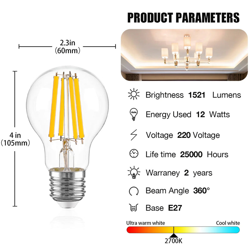 Afralia™ A19 7W 12W E27 220V LED Bulbs 2700K High Lumen Ultra Bright 1521lm Decorative