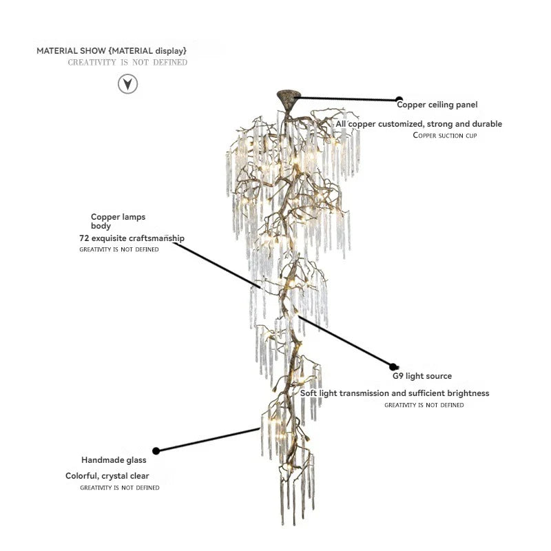 Afralia Crystal High Ceiling Staircase Chandelier Branch Hanging Loft Stairway Brass