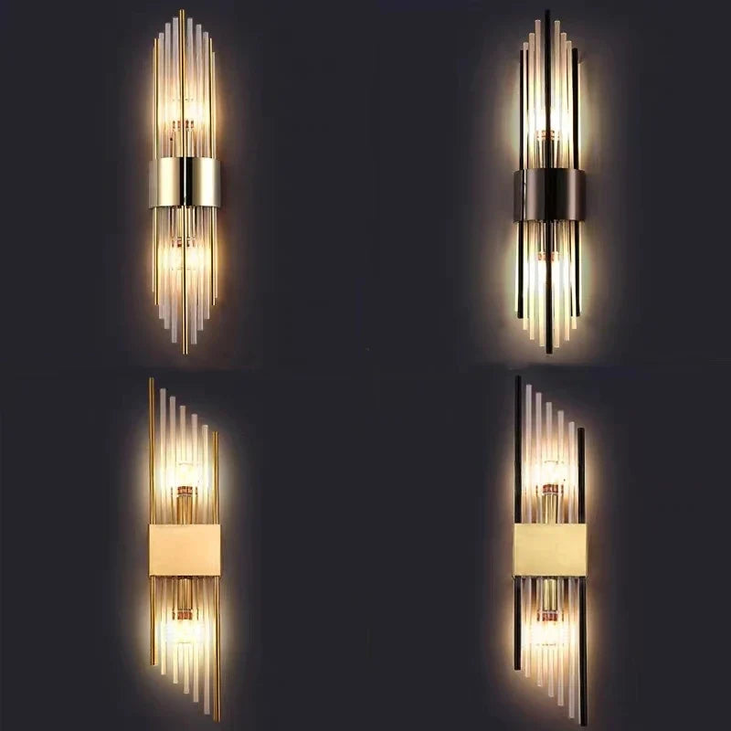 Afralia™ Mini Clear Glass Wall Sconce Light in Gold and Black Stainless Steel