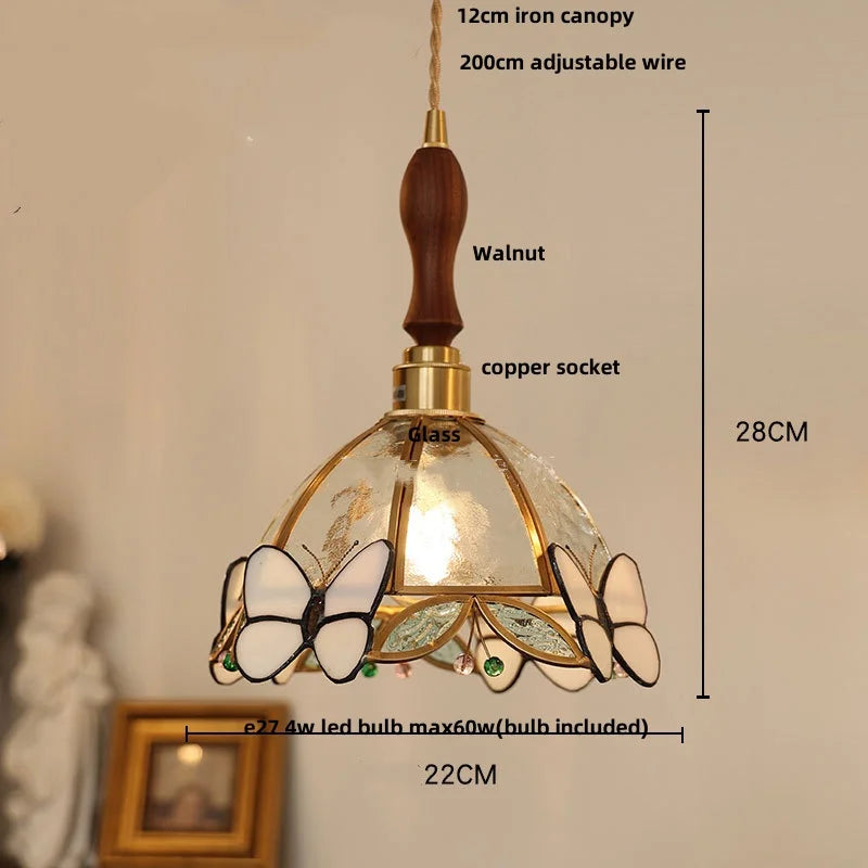 Afralia™ Butterfly Pink LED Pendant Lamp Walnut Wood Glass Nordic Modern Home Decor