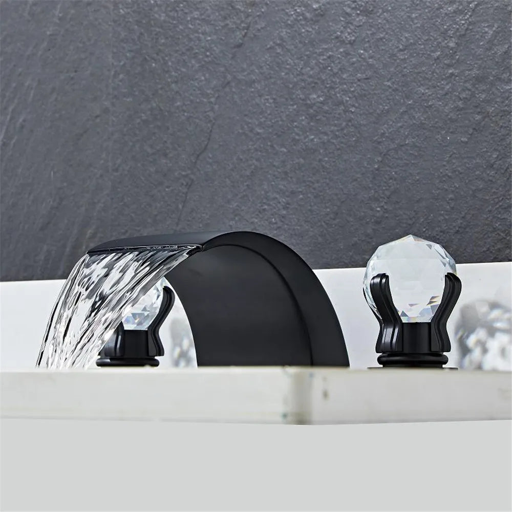 Afralia™ Black Basin Faucet: Brass Gold Crystal Sink Faucet, 3 Hole Waterfall Tap