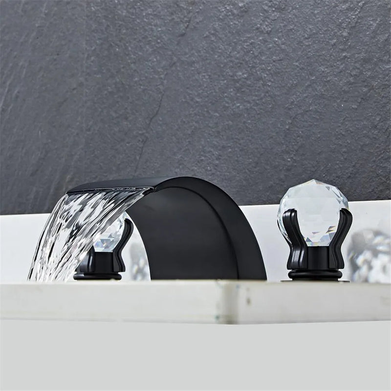 Afralia™ Black Basin Faucet: Brass Gold Crystal Sink Faucet, 3 Hole Waterfall Tap