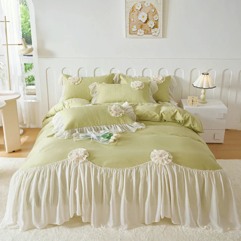 Afralia™ Princess Style Cotton Bedding Set with Flowers, Lace Ruffles, and Quilted Details