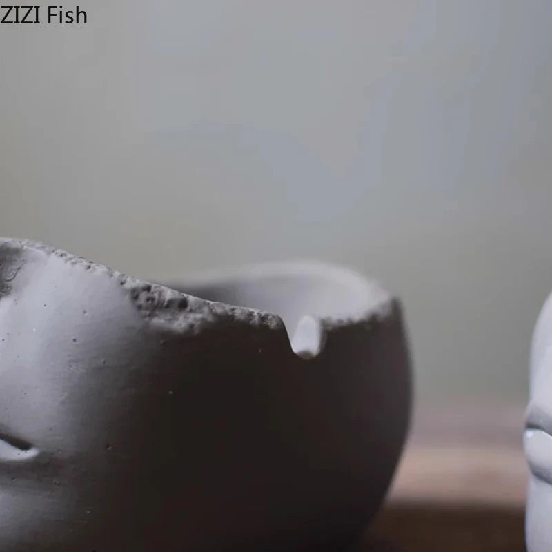 Afralia™ Retro Human Face Cement Ashtray for Home & Office Smoking Accessories