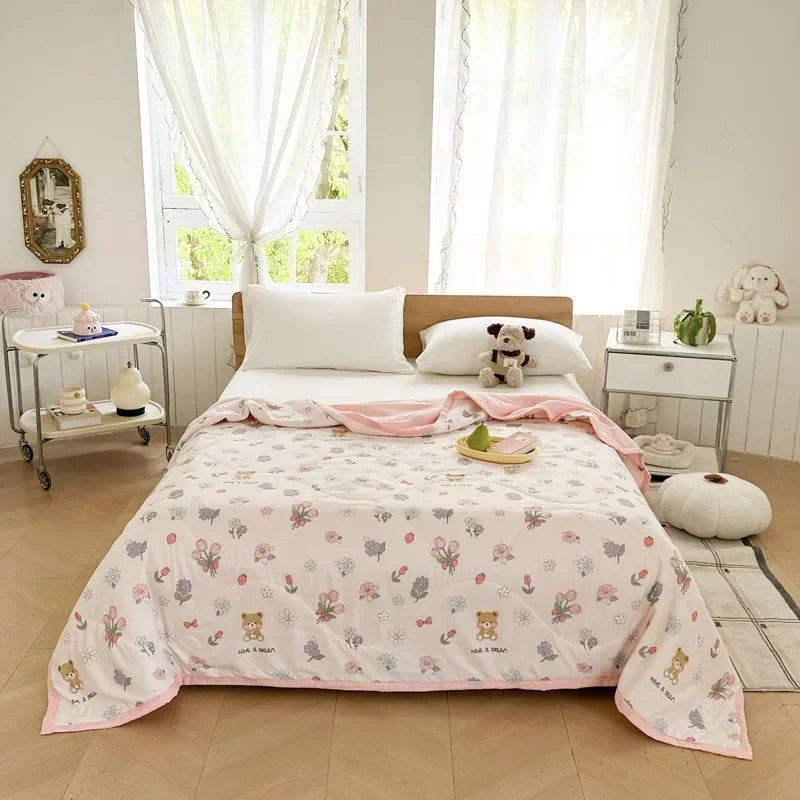 Afralia™ Cartoon Bear Printed Summer Quilt Lightweight Soft Cooling Blanket