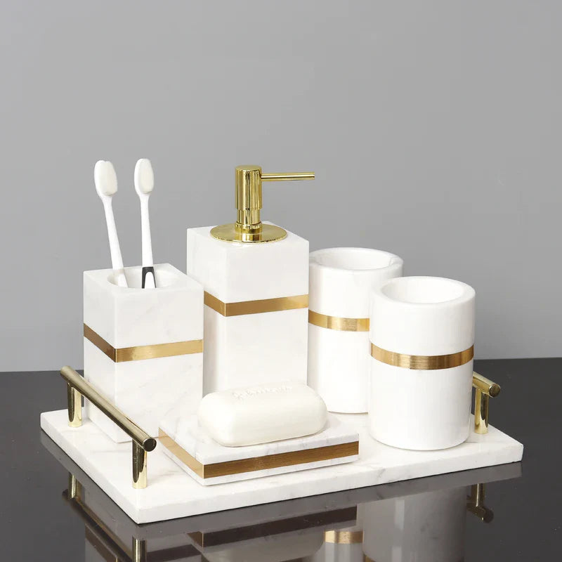 Afralia™ Volakos White Marble Bathroom Set with Golden Accents