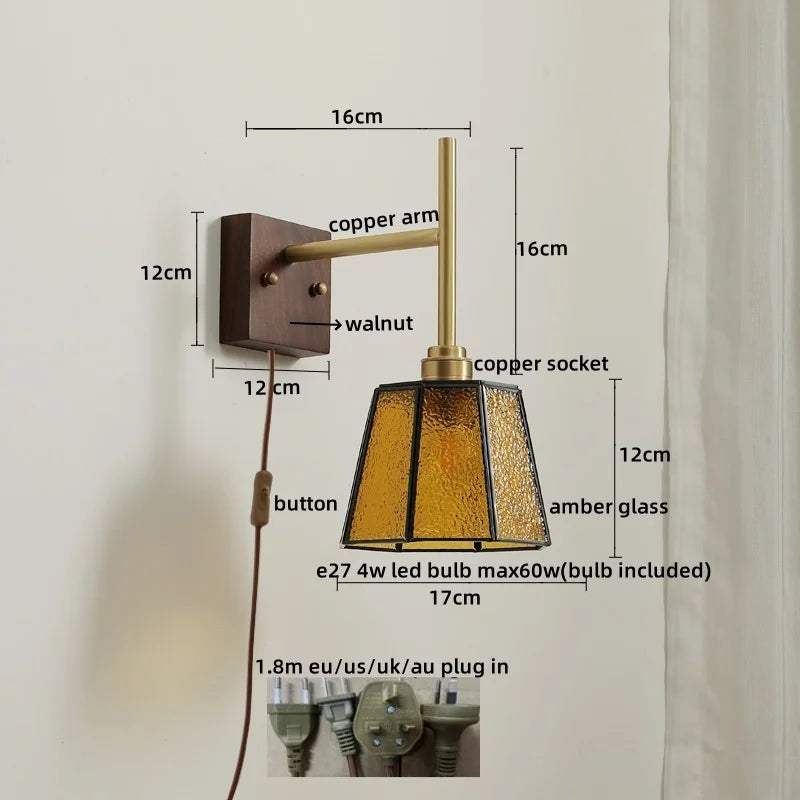 Afralia™ Glass Copper LED Wall Lights Modern Bedside Lamp for Bedroom Living Room