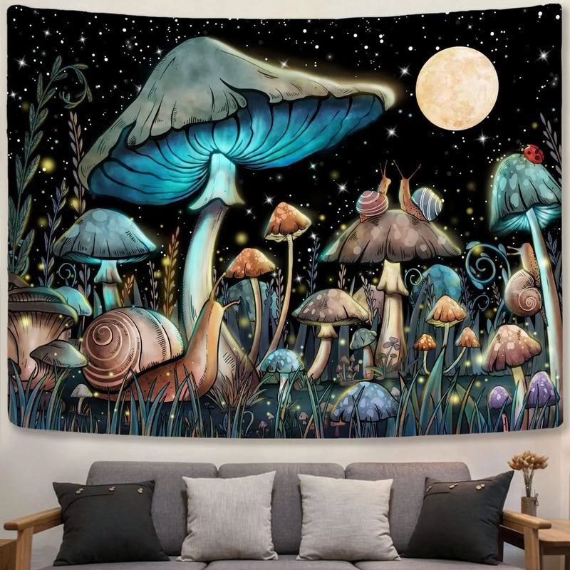 Afralia™ Mushroom Snail Moon Anime Tapestry Cute Dark Nature Wall Hanging