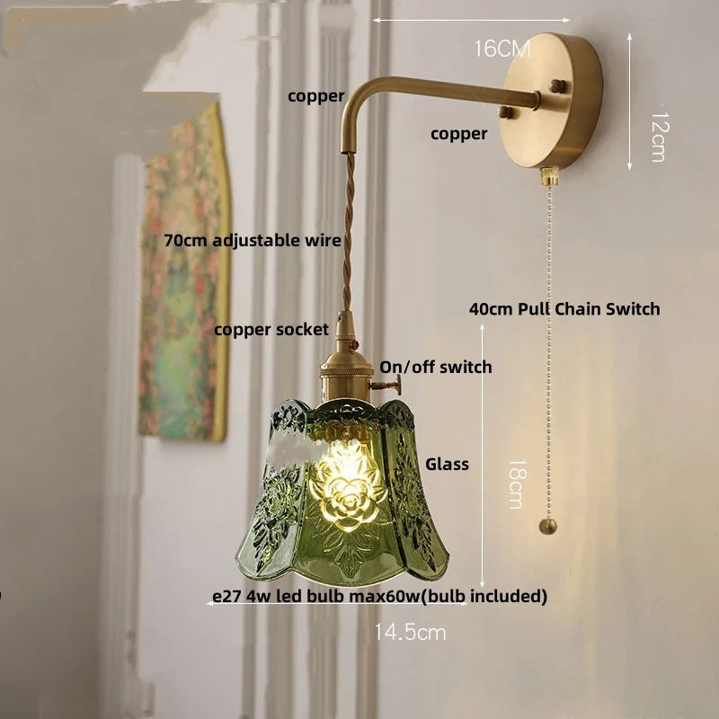 Afralia™ Modern Clear Glass LED Wall Light with Pull Chain Switch, Adjustable Wire & Copper Wall Lamps