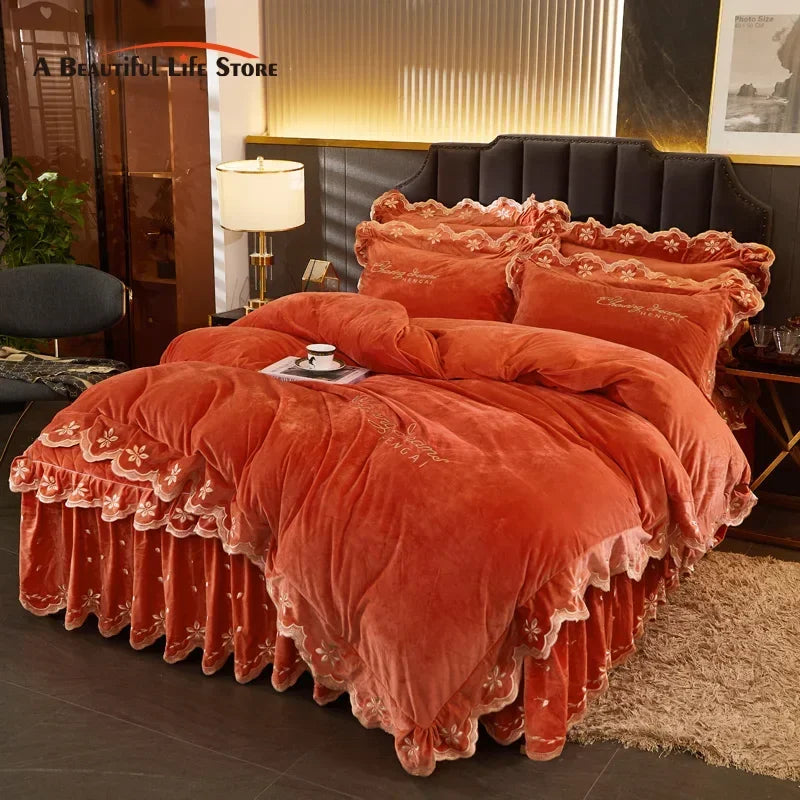Afralia™ Velvet Bedding Set with Gold Embroidery & Ruffles