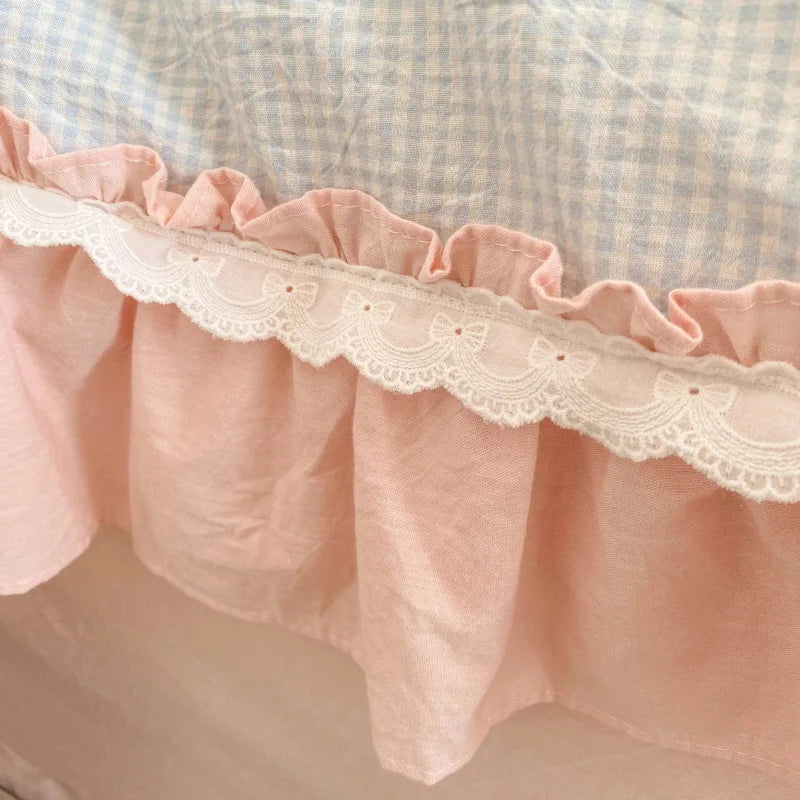 Afralia™ Blue Pink Lattice Bedding Set: Princess Ruffles Bow, 100% Cotton Quilt Cover, Sheet, Pillowcases
