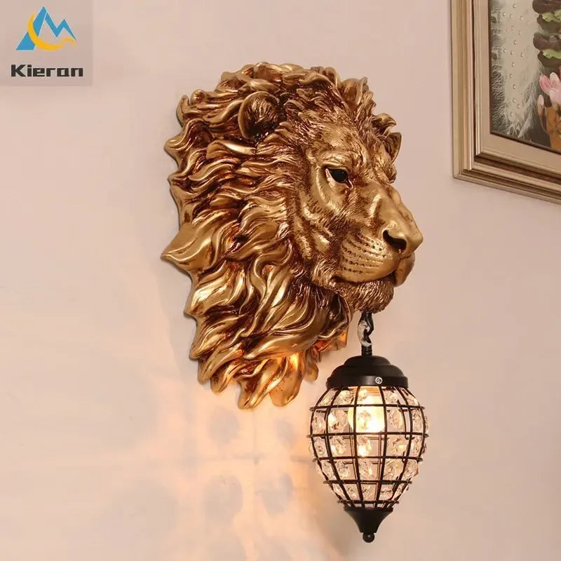 Afralia™ Lion Head Crystal Led Wall Lamp for Bedroom, Ktv, Living Room, Resin Wall Light