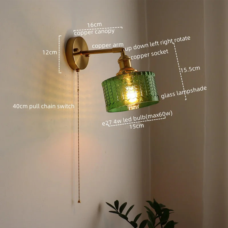 Afralia™ Retro Copper Glass LED Wall Lamp with Pull Chain Switch for Living Room