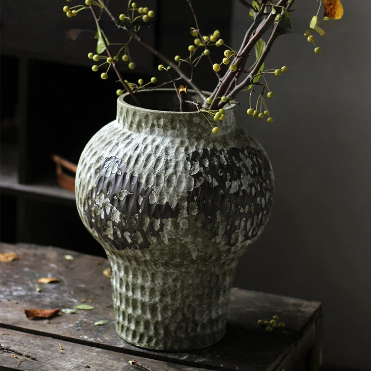 Afralia™ Coarse Pottery Vase Chinese Retro Porcelain Floral Arrangement Home Decor