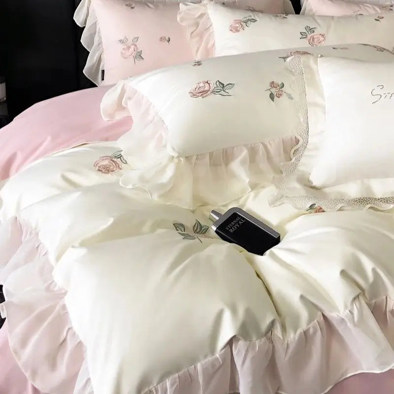 Afralia™ Rose Flowers Cotton Lace Ruffles Wedding Bedding Set