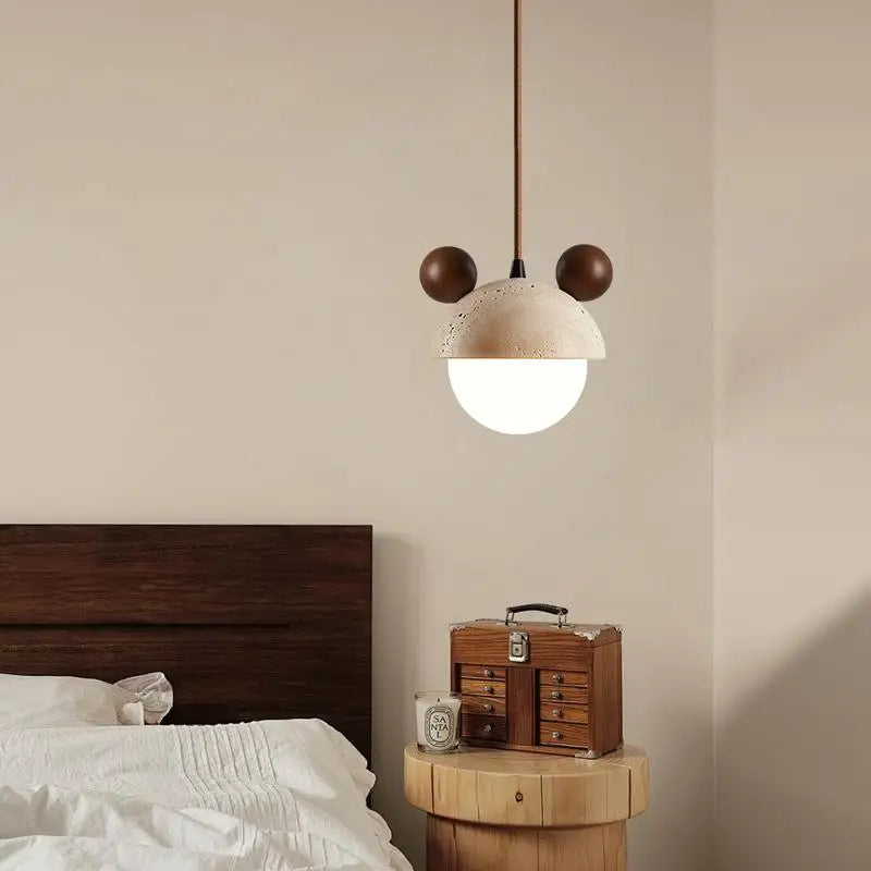 Afralia™ Cream Glass LED Pendant Lights Modern Wood Yellow Travertine Pendant Lamp