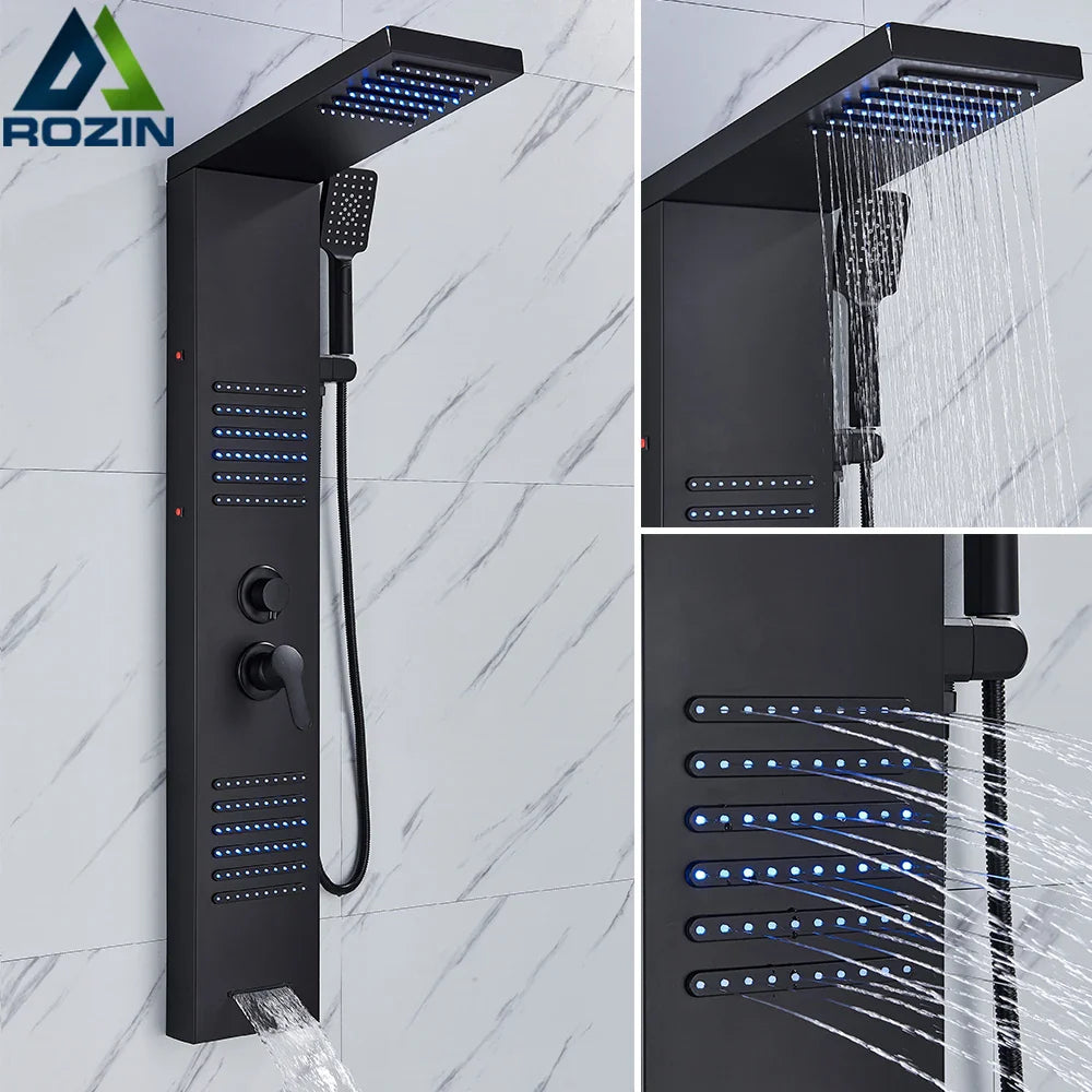 Afralia™ Black LED Shower Column with Massage Jets and Waterfall Mixer Tap