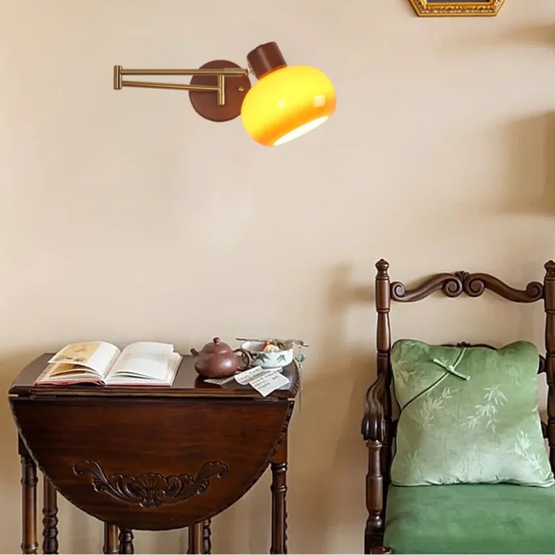 Afralia™ Modern Glass Swimg Arm LED Wall Lights for Study Bar Hotel Rotate Wood Bedside Lamp