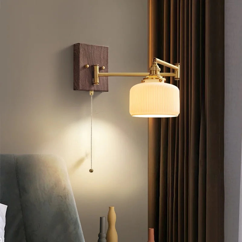 Afralia™ Wood Swing Arm LED Wall Lamp with Rotatable Shade & Pull Chain Switch