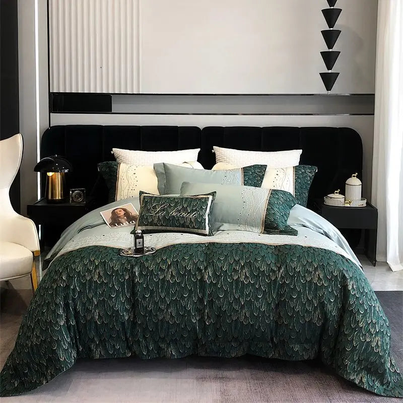Afralia™ Vintage Luxury Feather Jacquard Bedding Set, 1000TC, Patchwork Embroidery Design