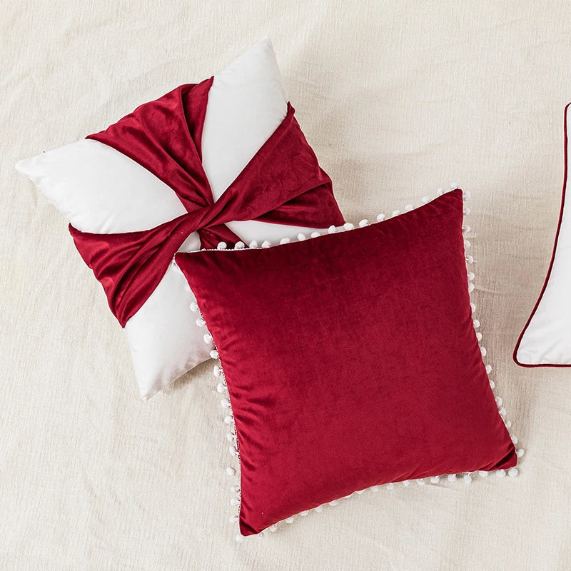 Afralia™ Velvet Red Bow Hairball Stitching Christmas Pillow Cover