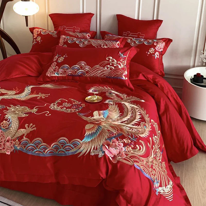 Afralia™ Gold Loong Phoenix Embroidery Queen Bedding Set, Luxurious Brushed 4Pcs Set