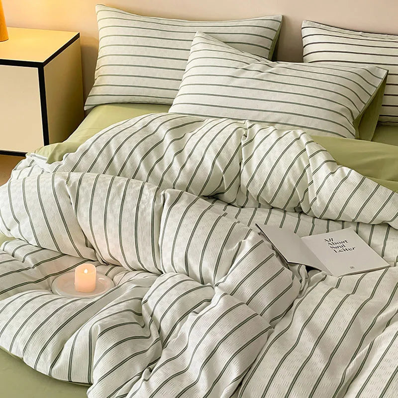 Afralia™ Striped Cotton Bedding Set: High-End Japanese Jacquard Quilt Cover Kit for Single Double