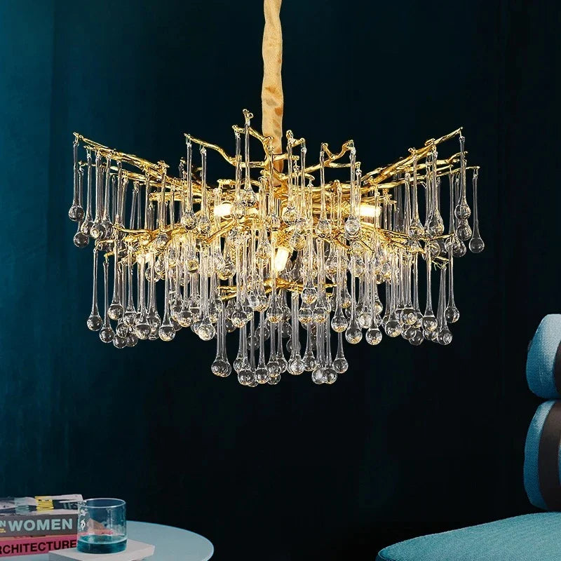 Afralia™ Water Droplet Crystal Chandelier - Golden Branch Pendant Light