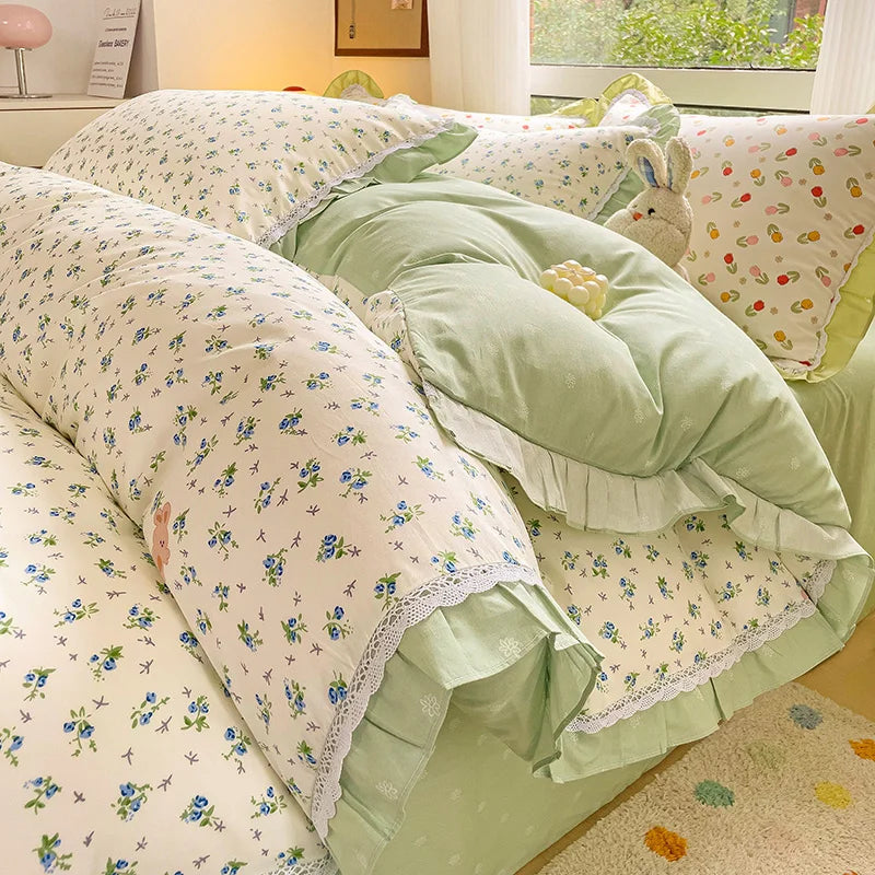 Afralia™ Floral Ruffles Bedding Set with Duvet Cover, Sheets, and Pillowcases