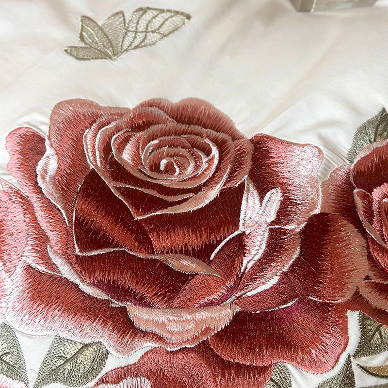 Afralia™ Butterfly Flowers Embroidery Ruffles Wedding Bedding Set: 1400TC 100% Egyptian Cotton