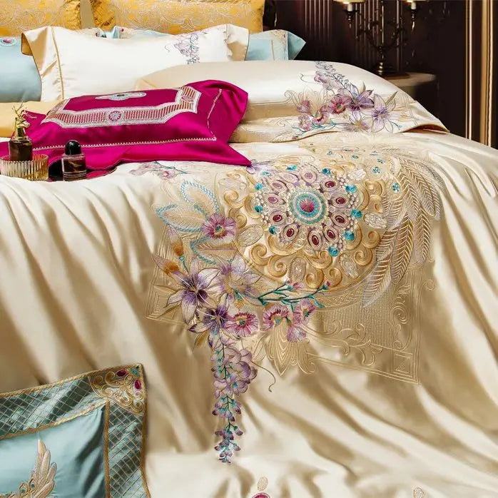 Luxurious Palace Flowers Embroidery Champagne Gold Brocade Bedding Set by Afralia™