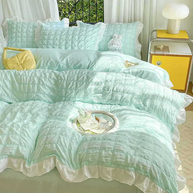 Afralia™ Bubble Gauze Lace Duvet Cover Set - Cooling & Durable Bedding Kit for Summer