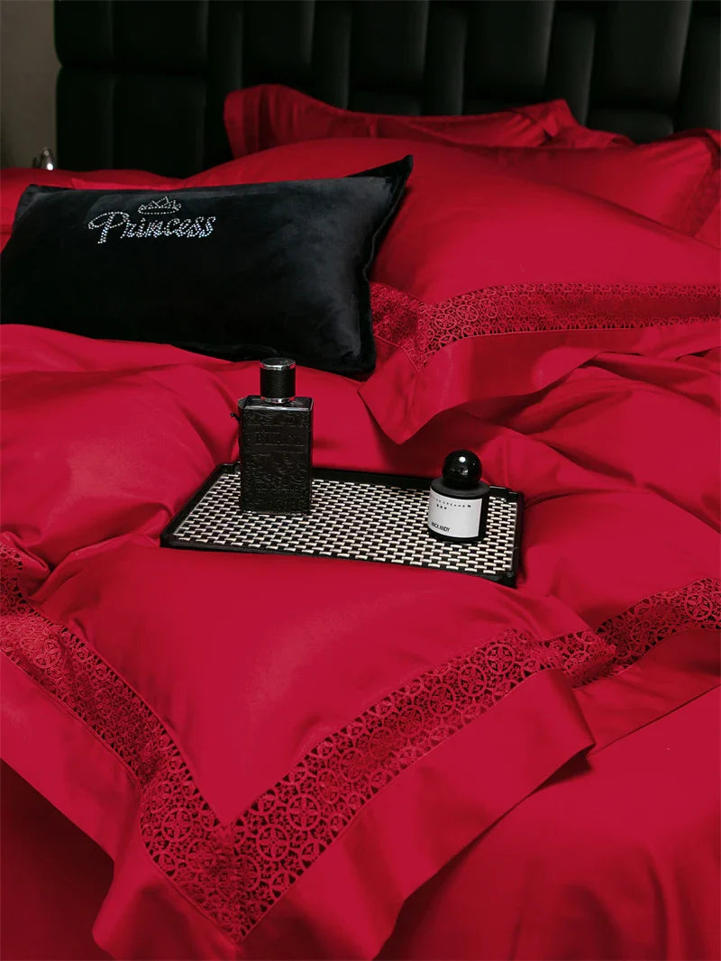 Afralia™ Luxury Lace Edge Bedding Set: Queen King Duvet Cover, Bed Sheet, Pillowcase