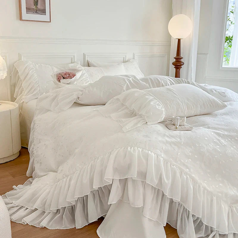 Afralia™ Floral Embroidery Ruffles Girl Bedding Set - 4 Piece Cotton Lace Patchwork
