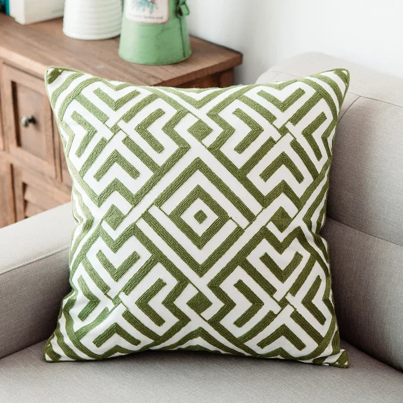 Afralia™ Green Geometric Canvas Cotton Embroidered Cushion Cover 45x45cm