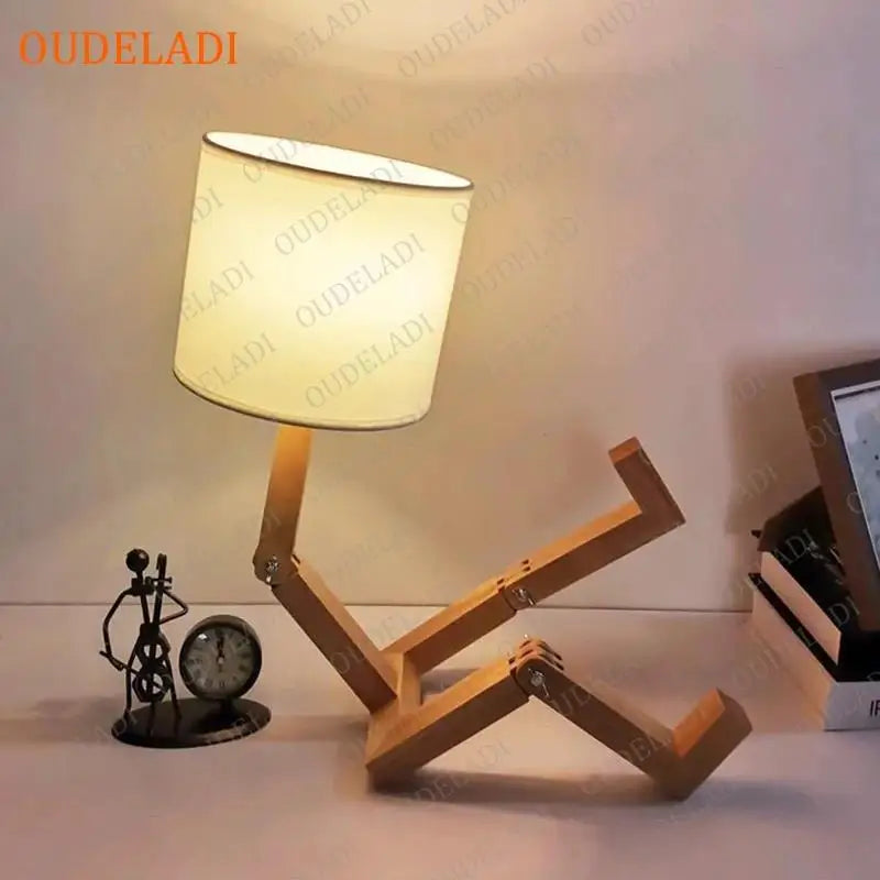Afralia™ Robot Shape Wooden Table Lamp with E14 Lamp Holder for Indoor Study Night Light