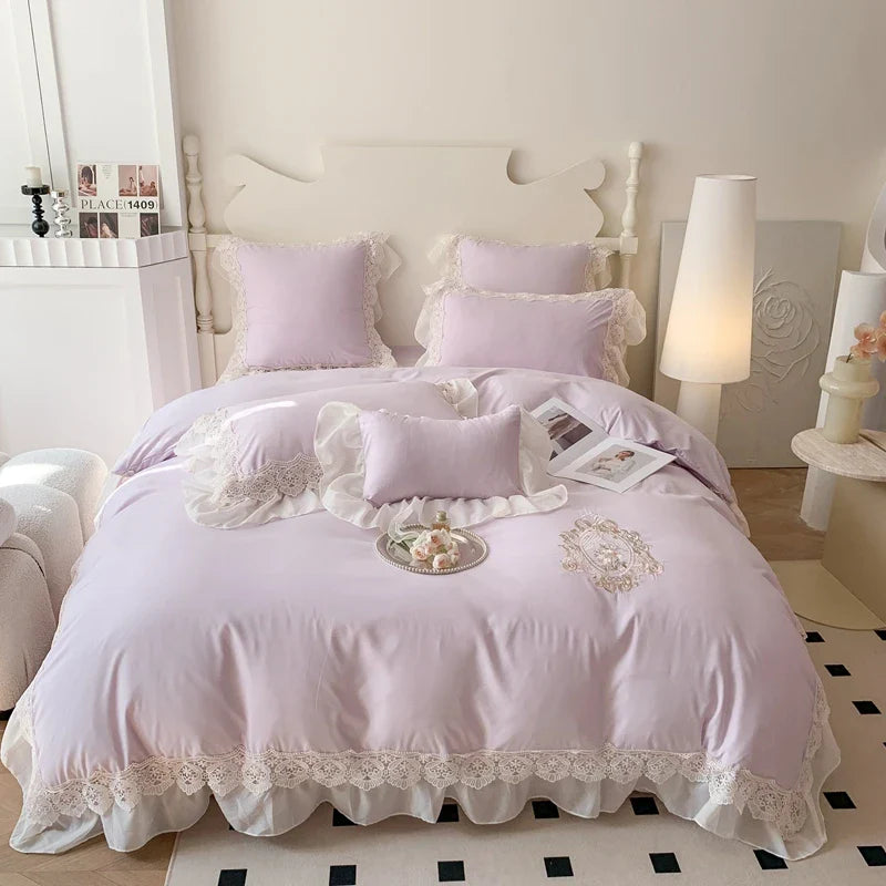 Afralia™ Matcha Green French Chiffon Lace Queen Bedding Set with Ruffles & Embroidery