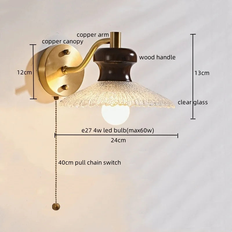 Afralia™ Wood Handled Copper Arm LED Wall Light - Vintage Bedside Lamp