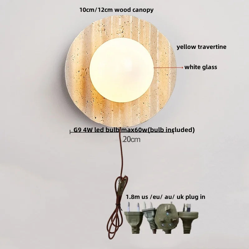 Afralia™ Wood Rotate LED Wall Lights with Glass Ball Yellow Travertine Effect