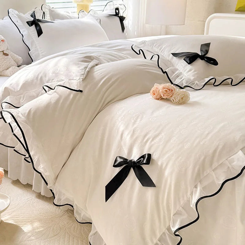 Afralia™ Lace Bow Bed Skirt Bedding Set in Romantic Solid Color for King Queen Double Sizes