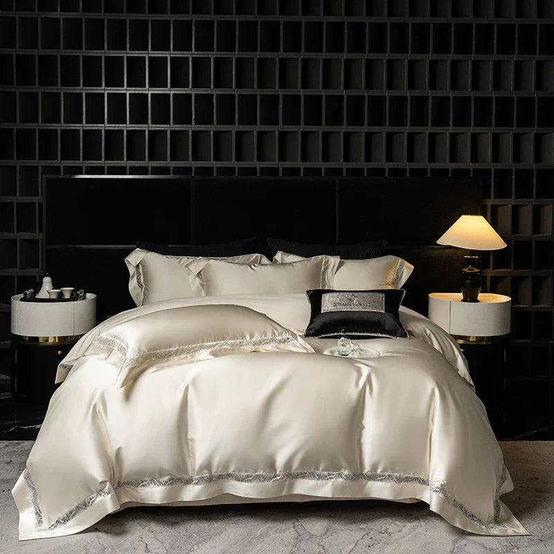 Afralia™ Luxe Brocade & Egyptian Cotton Bedding Set with Hollow Lace Edge
