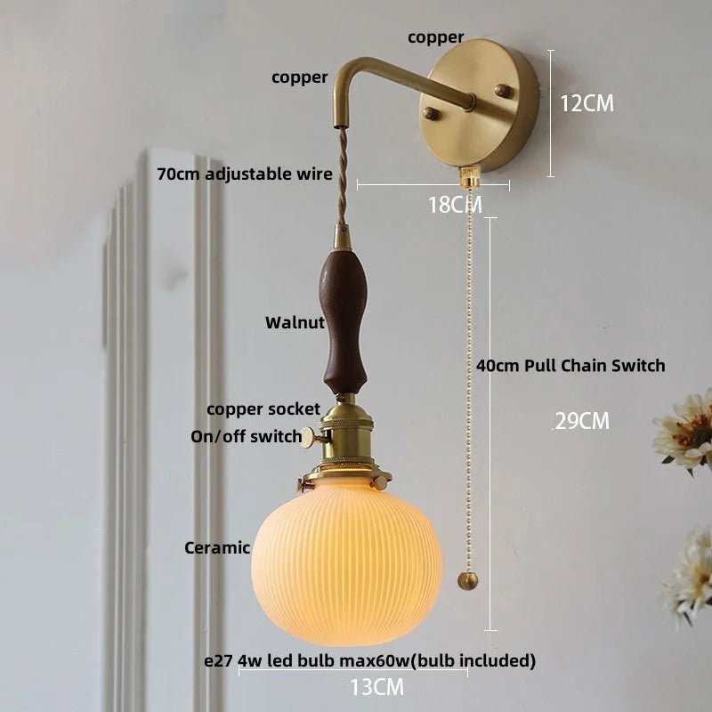 Afralia™ Ceramic Copper Wall Light Fixture with Pull Chain Switch, E27 LED, Modern Nordic Design