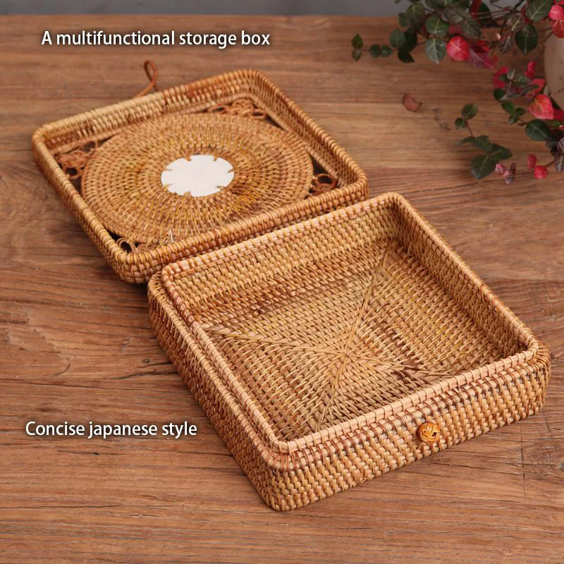 Afralia™ Handwoven Rattan Storage Box with Lid Chinese Knot Ornament for Kitchen Organization