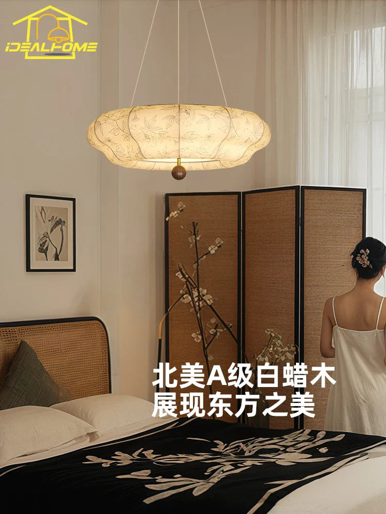 Afralia™ Retro Solid Wood Fabric Hanging Lamp LED E27 Medieval Romantic Bedroom Decor