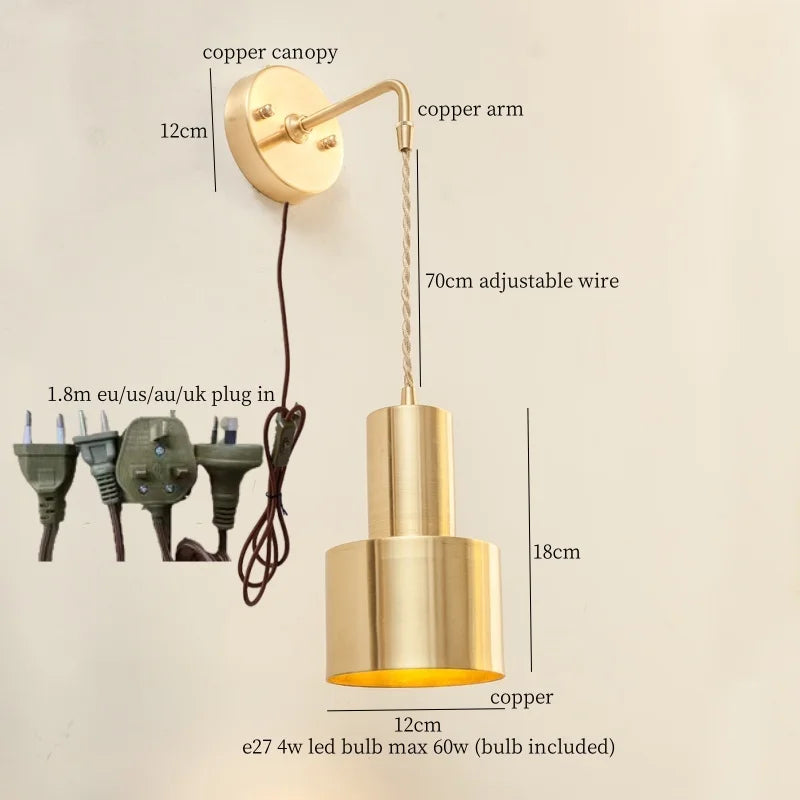 Afralia™ Nordic Copper LED Wall Lamp Pull Chain Switch Wandlamp