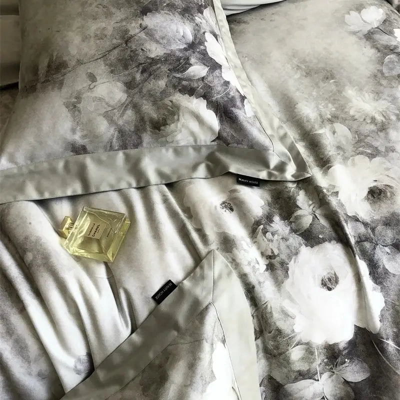 Afralia™ Flowers Pattern Brushed Bedding Set: Duvet Cover, Bed Sheet, Fitted Sheet, Pillowcase 4Pcs